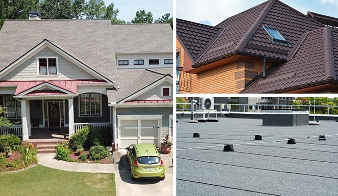 Collage of gable, hip flat roof.